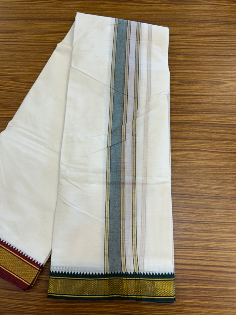 20% Discount! KaithariKada Cotton Mix Off White - (Unbleached) 80X90 thread - North Indian- Attached Gamcha - 10X6 Dhoti - 2 inch Green Gold Kasav kara with Maroon & Green Gold Kasav Design border - 14 KK8304 PMC