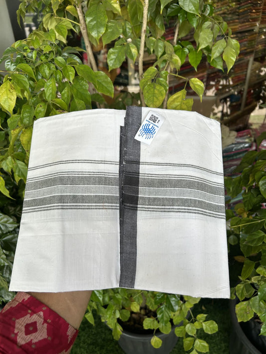 Kerala Handloom - Signature Kaitharikada - Government Sealed Hallmarked - 100% Pure Cotton 2/60X40s Thread - Light White Single Mundu / Dhoti - 2 inch Black Striped Kara - 5 KK8046 KAL