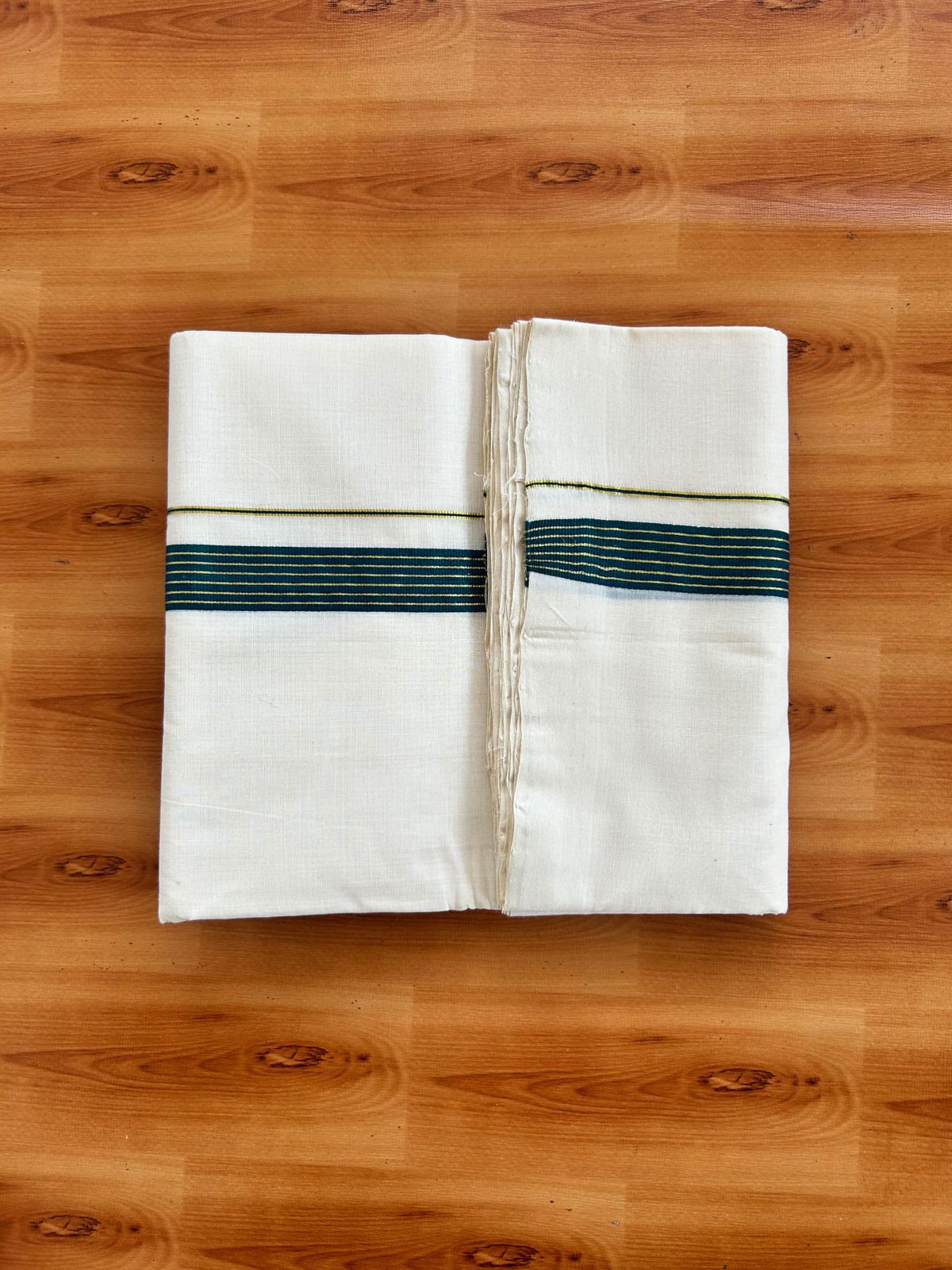 Short Dhoti Special! Double Off White (Unbleached) Mundu/Dhoti 25% Discount!! KaithariKada Handloom Unakkupaav - 100% Pure Cotton 100x80- 46 inches Height 1 inch Dark Green & Gold Kasav Stripes Kara 3.60 mtr (8 muzham) - 1 KK5498 REA
