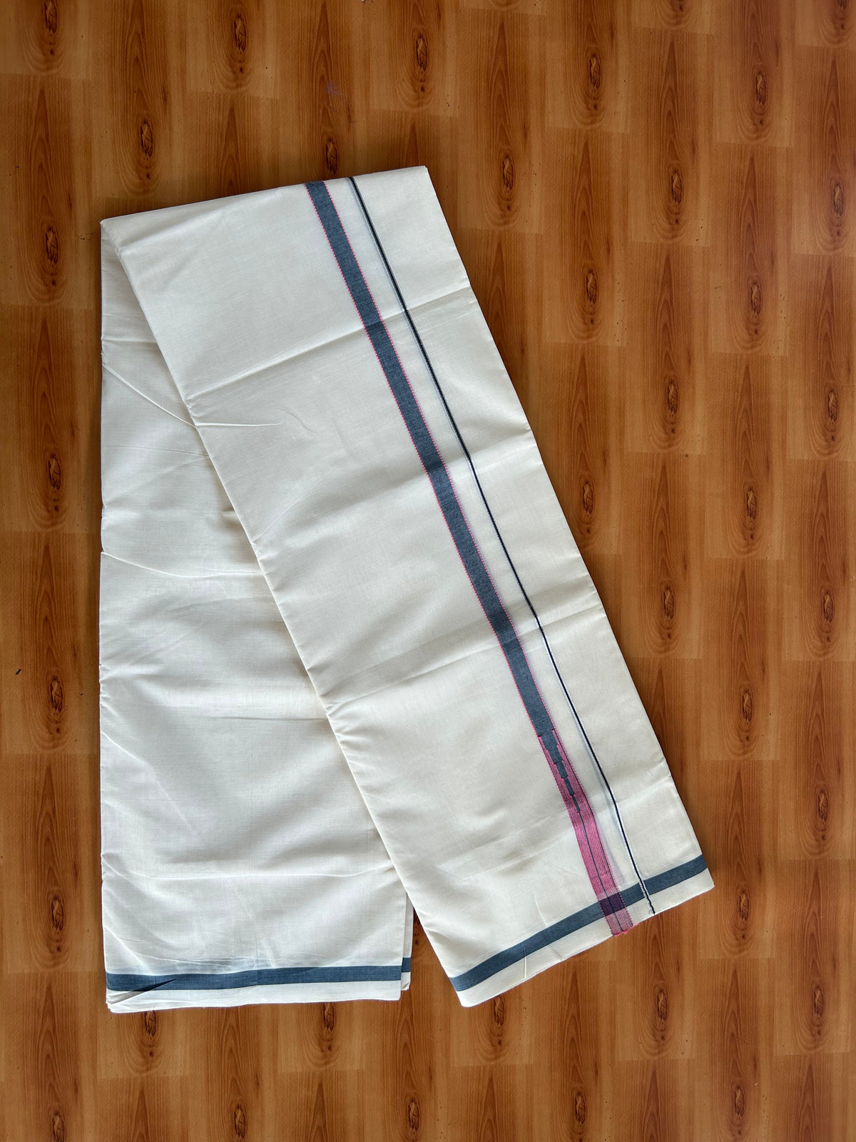 Double Off White (Unbleached) Mundu/Dhoti - 20% Discount!! KaithariKada Pulimood 100% Cotton 100X80 - 0.75 inch Puliyilakkara Silver Kasav Peacock Blue & Pink Striped Chutty Kara - 4 mtr (8.5 muzham) - 16 KK5548 VAS