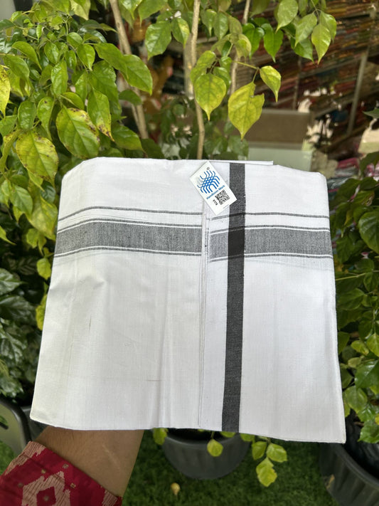 Kerala Handloom - Signature Kaitharikada - Government Sealed Hallmarked - 100% Pure Cotton 2/60X40s Thread - Light White Single Mundu / Dhoti - 1 inch Black Striped Kara - 1 KK8046 KAL
