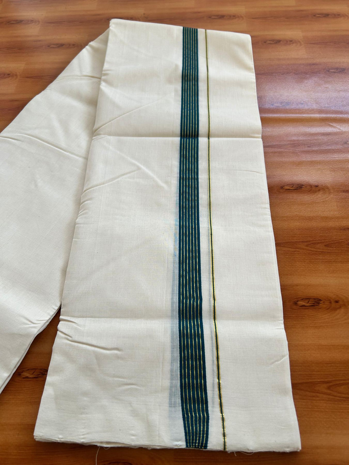 Short Dhoti Special! Double Off White (Unbleached) Mundu/Dhoti 25% Discount!! KaithariKada Handloom Unakkupaav - 100% Pure Cotton 100x80- 46 inches Height 1 inch Dark Green & Gold Kasav Stripes Kara 3.60 mtr (8 muzham) - 1 KK5498 REA