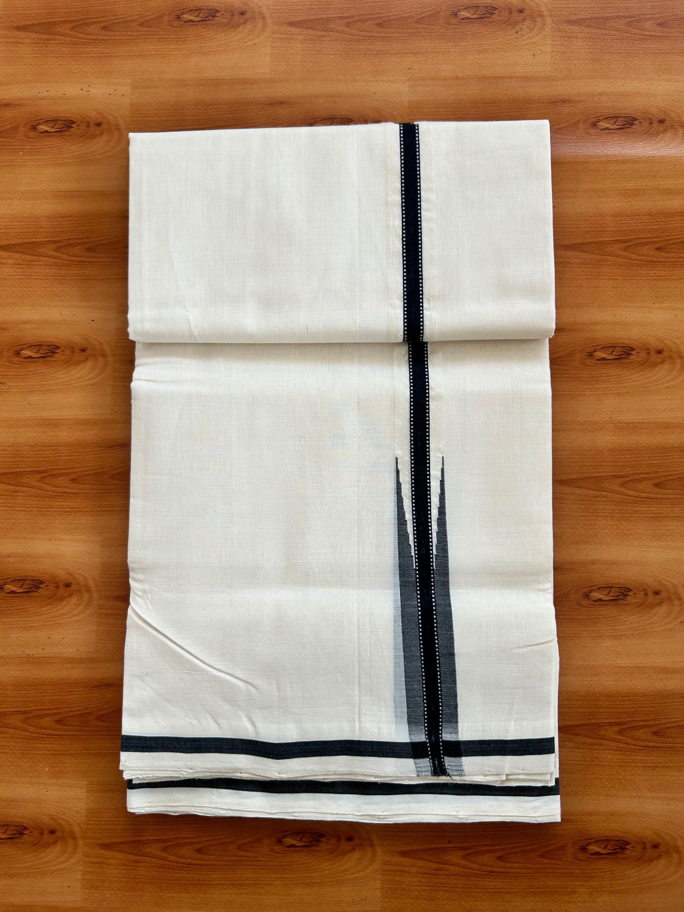 Double Off White (Unbleached) Mundu/Dhoti - 25% Discount!! KaithariKada Handloom Unakkupaav - 100% Pure Cotton - 100x80 - 1 inch Puliyilakkara Black Design Chutty 4 meter (8.5 muzham) - 21 KK5498 REA