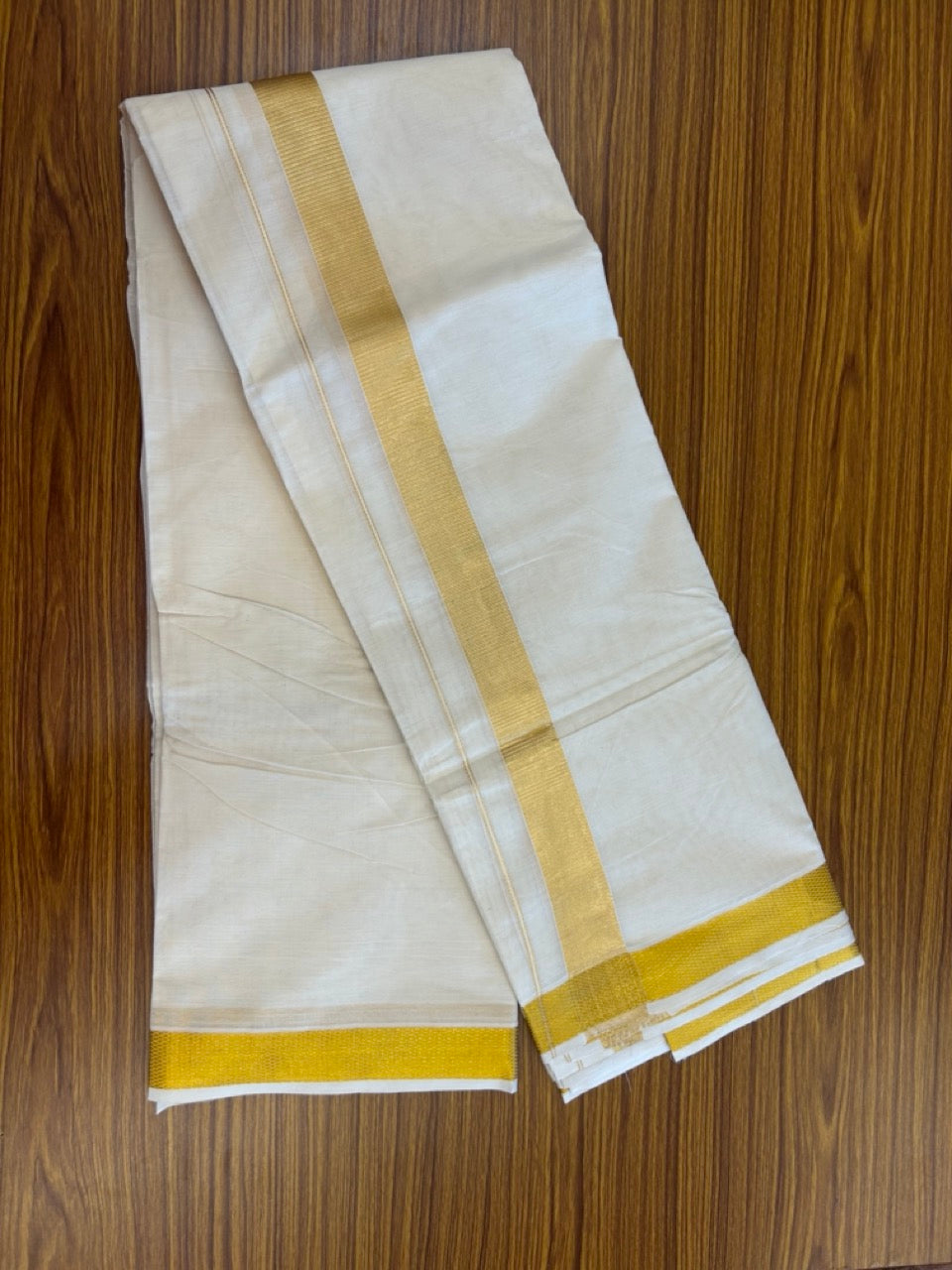 20% Discount! Kaitharikada Balaramapuram Pure Cotton Off White - (Unbleached) - 100x100 thread - North Iindian- Attached Gamcha - 10X6 Dhoti - 1.5 inch Gold Kasav border - 31 KK8304 PMC
