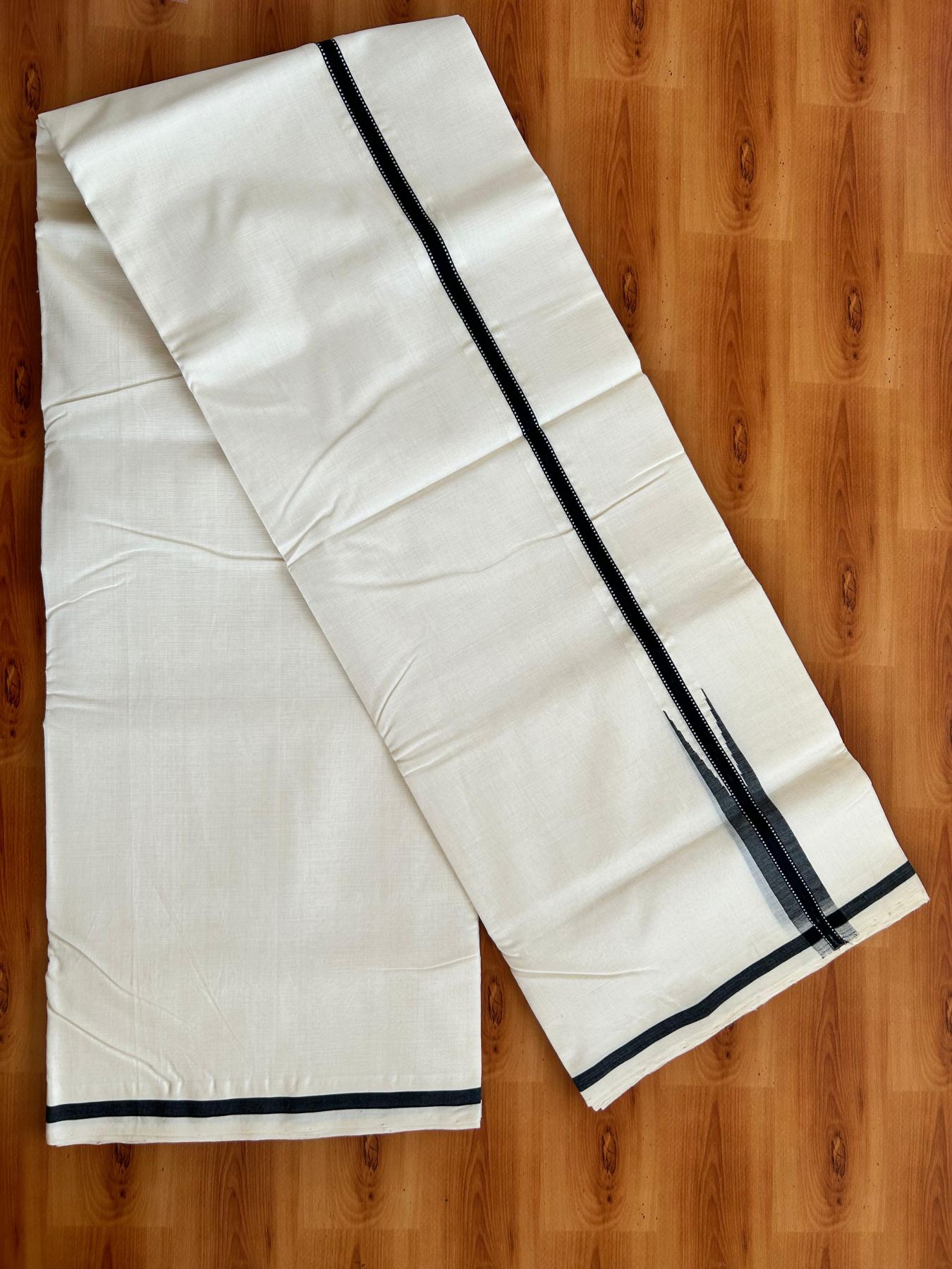 Double Off White (Unbleached) Mundu/Dhoti - 25% Discount!! KaithariKada Handloom Unakkupaav - 100% Pure Cotton - 100x80 - 1 inch Puliyilakkara Black Design Chutty 4 meter (8.5 muzham) - 21 KK5498 REA