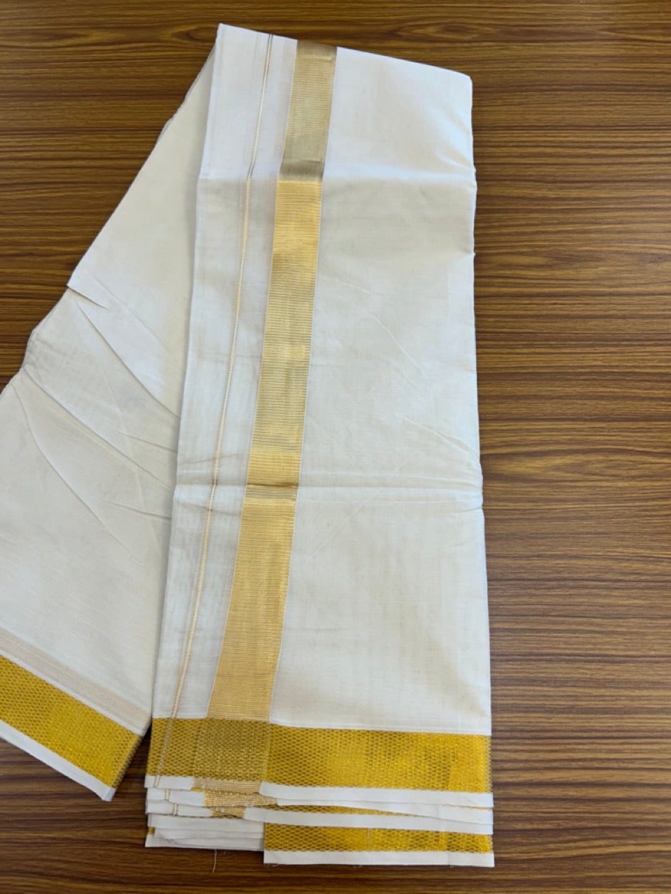 20% Discount! Kaitharikada Balaramapuram Pure Cotton Off White - (Unbleached) - 100x100 thread - North Iindian- Attached Gamcha - 10X6 Dhoti - 1.5 inch Gold Kasav border - 31 KK8304 PMC