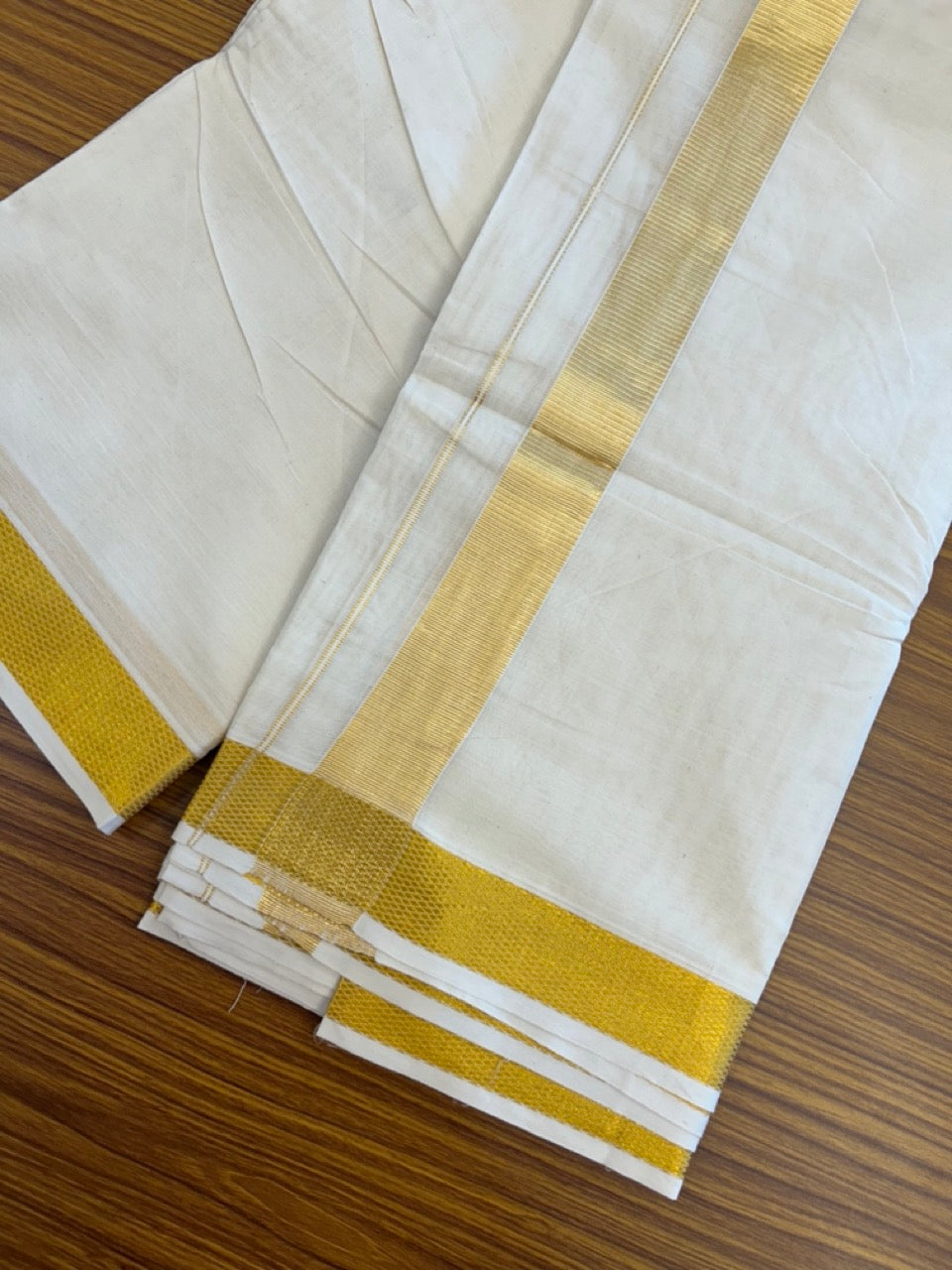 20% Discount! Kaitharikada Balaramapuram Pure Cotton Off White - (Unbleached) - 100x100 thread - North Iindian- Attached Gamcha - 10X6 Dhoti - 1.5 inch Gold Kasav border - 31 KK8304 PMC