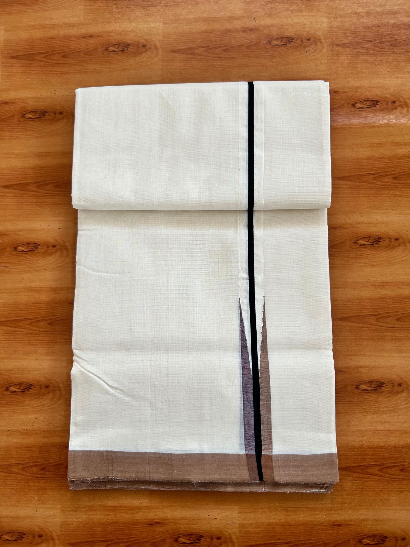 Double Off White (Unbleached) Mundu/Dhoti - 25% Discount!! KaithariKada Handloom Unakkupaav - 100% Pure Cotton - 100x80 - 1 inch Puliyilakkara Black & Brown Multi colour Chutty 4 meter (8.5 muzham) - 15 KK5498 REA
