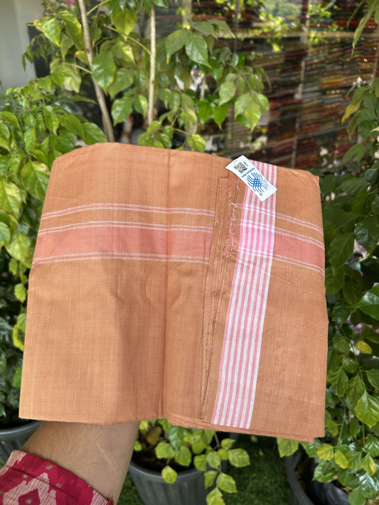 Kerala Handloom - Signature Kaitharikada - Government Sealed Hallmarked - 100% Pure Cotton 2/60x40s Thread - Single Mundu / Dhoti - 1.25 inch Peach Shaded Striped Kara with Kavi colour Body - 28 KK8046 KAL