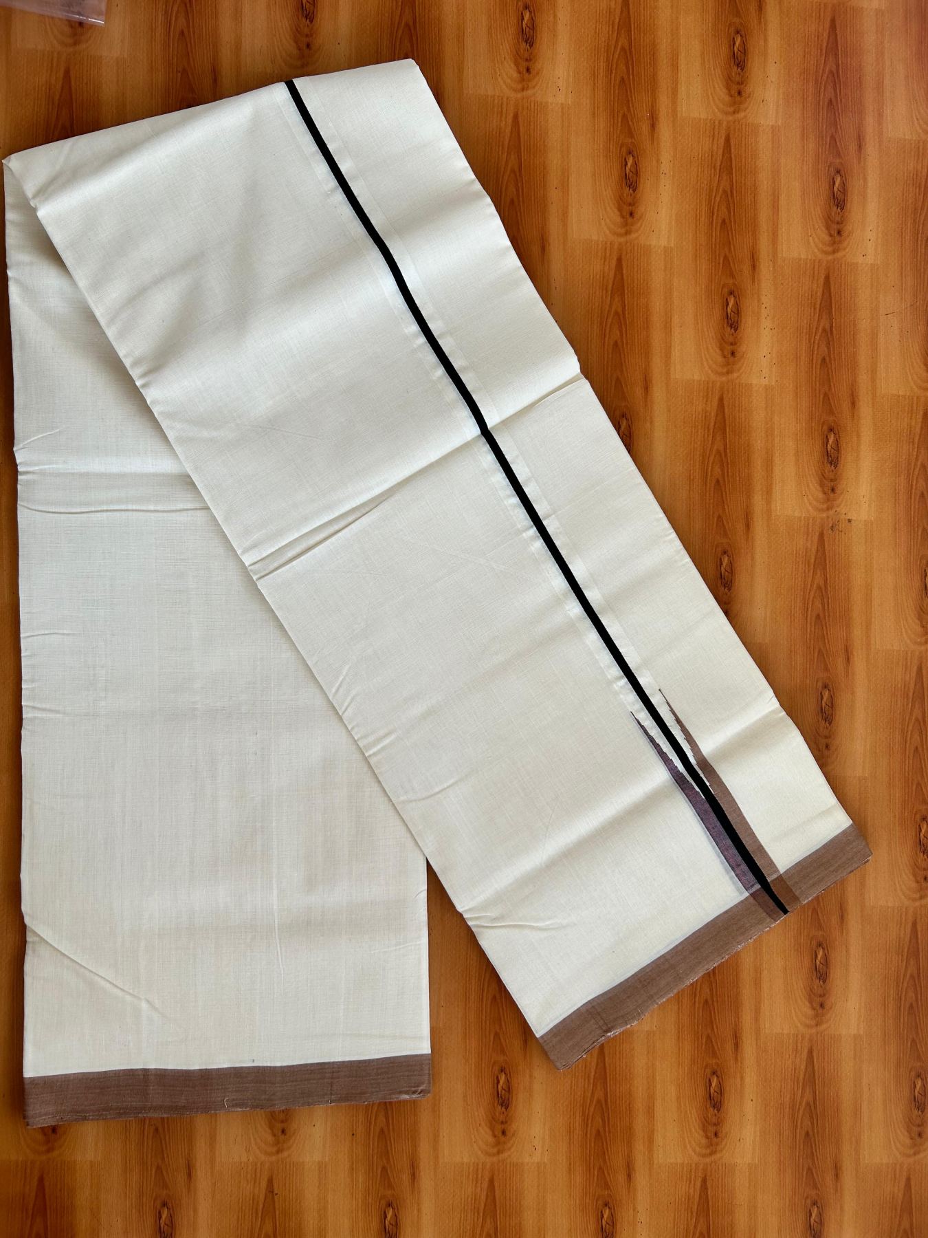 Double Off White (Unbleached) Mundu/Dhoti - 25% Discount!! KaithariKada Handloom Unakkupaav - 100% Pure Cotton - 100x80 - 1 inch Puliyilakkara Black & Brown Multi colour Chutty 4 meter (8.5 muzham) - 15 KK5498 REA
