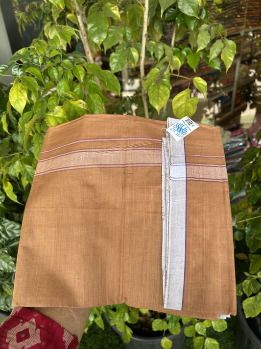 Kerala Handloom - Signature Kaitharikada - Government Sealed Hallmarked - 100% Pure Cotton 2/60x40s Thread - Single Mundu / Dhoti - 1.25 inch White Violet Shaded Striped Kara with Kavi colour Body - 27 KK8046 KAL