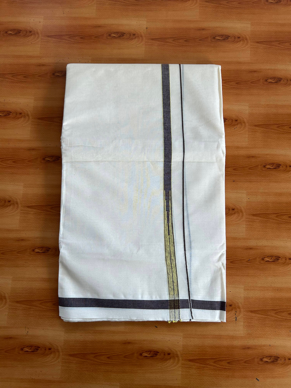 Double Off White (Unbleached) Mundu/Dhoti - 20% Discount!! KaithariKada Pulimood 100% Cotton 100X80-  0.5 inch Puliyilakkara Silver Kasav Coffee Brown & Bright Yellow Striped Chutty Kara - 4 mtr  (8.5 muzham) - 5 KK5548 VAS