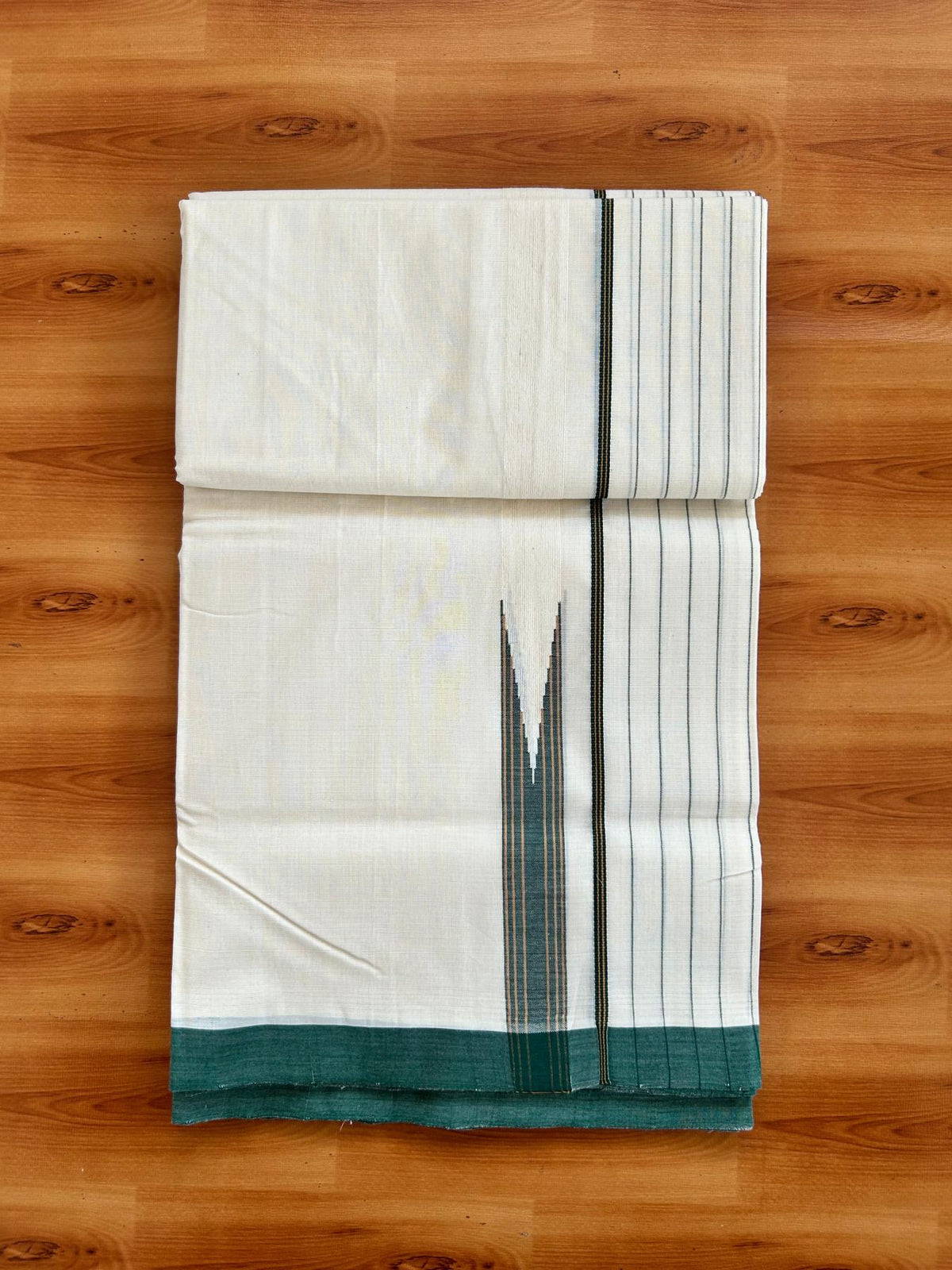 25% Discount!! KaithariKada Handloom  Unakkupaav  - Kerala Handloom - 100% Pure Cotton Off White - (Unbleached) Double Mundu/Dothi - 100x80 - 6.25 inch Dark Green & Orange Yellow Chutty Side Stripes Kara 4 meter (8.5 Muzham) - 34 KK5498 REA
