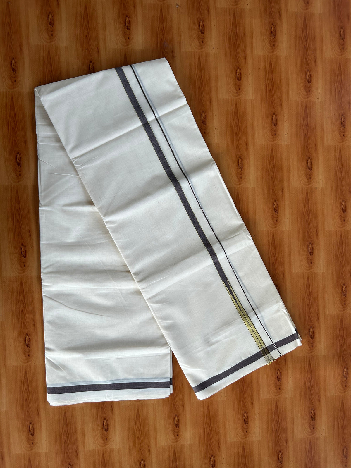 Double Off White (Unbleached) Mundu/Dhoti - 20% Discount!! KaithariKada Pulimood 100% Cotton 100X80-  0.5 inch Puliyilakkara Silver Kasav Coffee Brown & Bright Yellow Striped Chutty Kara - 4 mtr  (8.5 muzham) - 5 KK5548 VAS