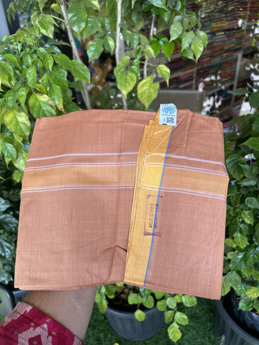 Kerala Handloom - Signature Kaitharikada - Government Sealed Hallmarked - 100% Pure Cotton 2/60x40s Thread - Single Mundu / Dhoti - 1.5 inch Yellow Shaded Striped Kara with Kavi colour Body - 26 KK8046 KAL