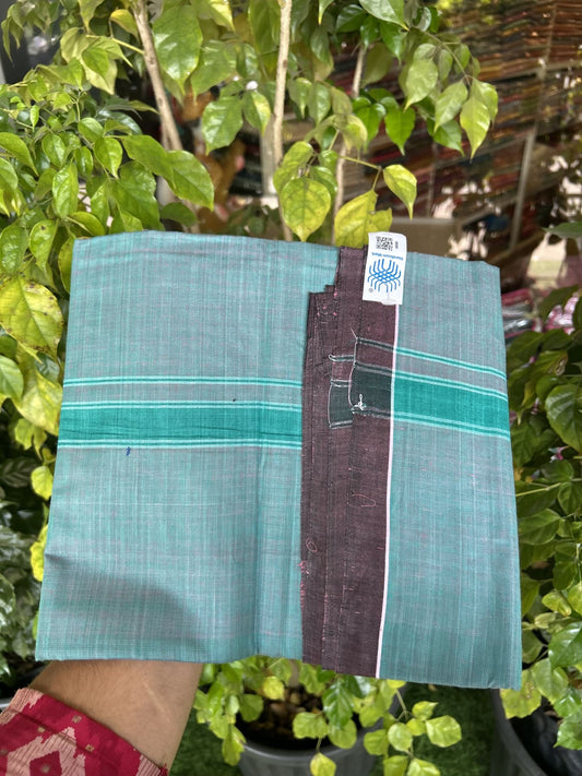 Kerala Handloom - Signature Kaitharikada - Government Sealed Hallmarked - 100% Pure Cotton 2/60x40s Thread - Single Mundu / Dhoti - 1.25 inch Peacock Green Shaded Striped Kara with Peacock Green colour Body - 14 KK8046 KAL