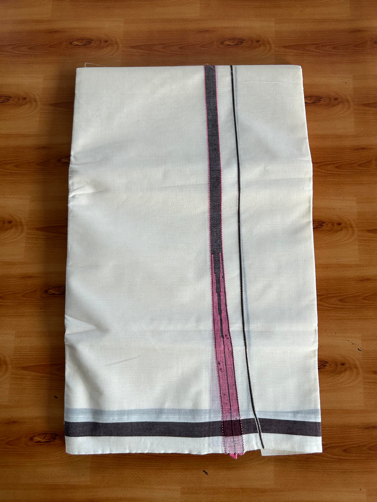 Double Off White (Unbleached) Mundu/Dhoti - 20% Discount!! KaithariKada Pulimood 100% Cotton 100X80 - 0.5 inch Puliyilakkara Silver Kasav Coffee Brown & Pink Striped Chutty Kara - 4 mtr (8.5 muzham) - 15 KK5548 VAS