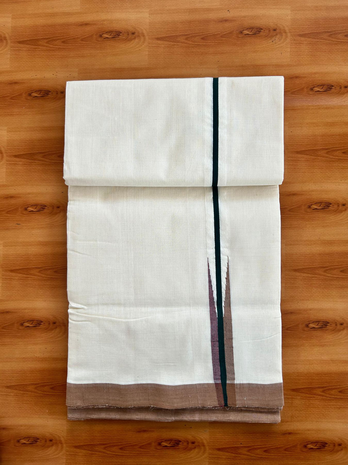Double Off White (Unbleached) Mundu/Dhoti - 25% Discount!! KaithariKada Handloom Unakkupaav - 100% Pure Cotton - 100x80 - 1 inch Puliyilakkara Dark Green & Brown Multi colour Chutty 4 meter (8.5 muzham) - 16 KK5498 REA