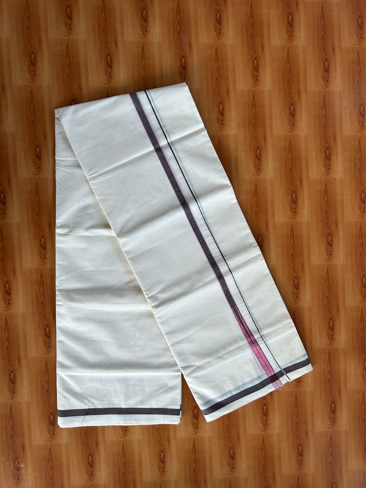 Double Off White (Unbleached) Mundu/Dhoti - 20% Discount!! KaithariKada Pulimood 100% Cotton 100X80 - 0.5 inch Puliyilakkara Silver Kasav Coffee Brown & Pink Striped Chutty Kara - 4 mtr (8.5 muzham) - 15 KK5548 VAS