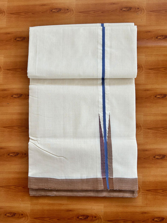 Double Off White (Unbleached) Mundu/Dhoti - 25% Discount!! KaithariKada Handloom Unakkupaav - 100% Pure Cotton - 100x80 - 1 inch Puliyilakkara Ash Blue & Brown Multi colour Chutty 4 meter (8.5 muzham) - 18 KK5498 REA