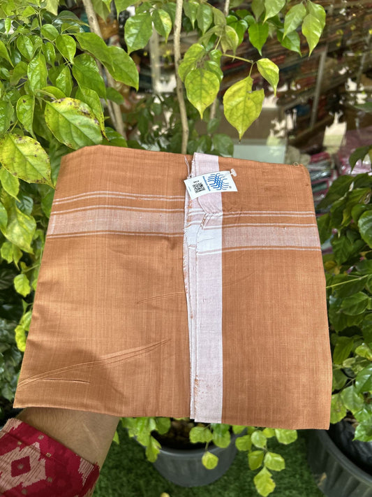 Kerala Handloom - Signature Kaitharikada - Government Sealed Hallmarked - 100% Pure Cotton 2/60x40s Thread - Single Mundu / Dhoti - 1.25 inch White Shaded Striped Kara with Kavi colour Body - 25 KK8046 KAL