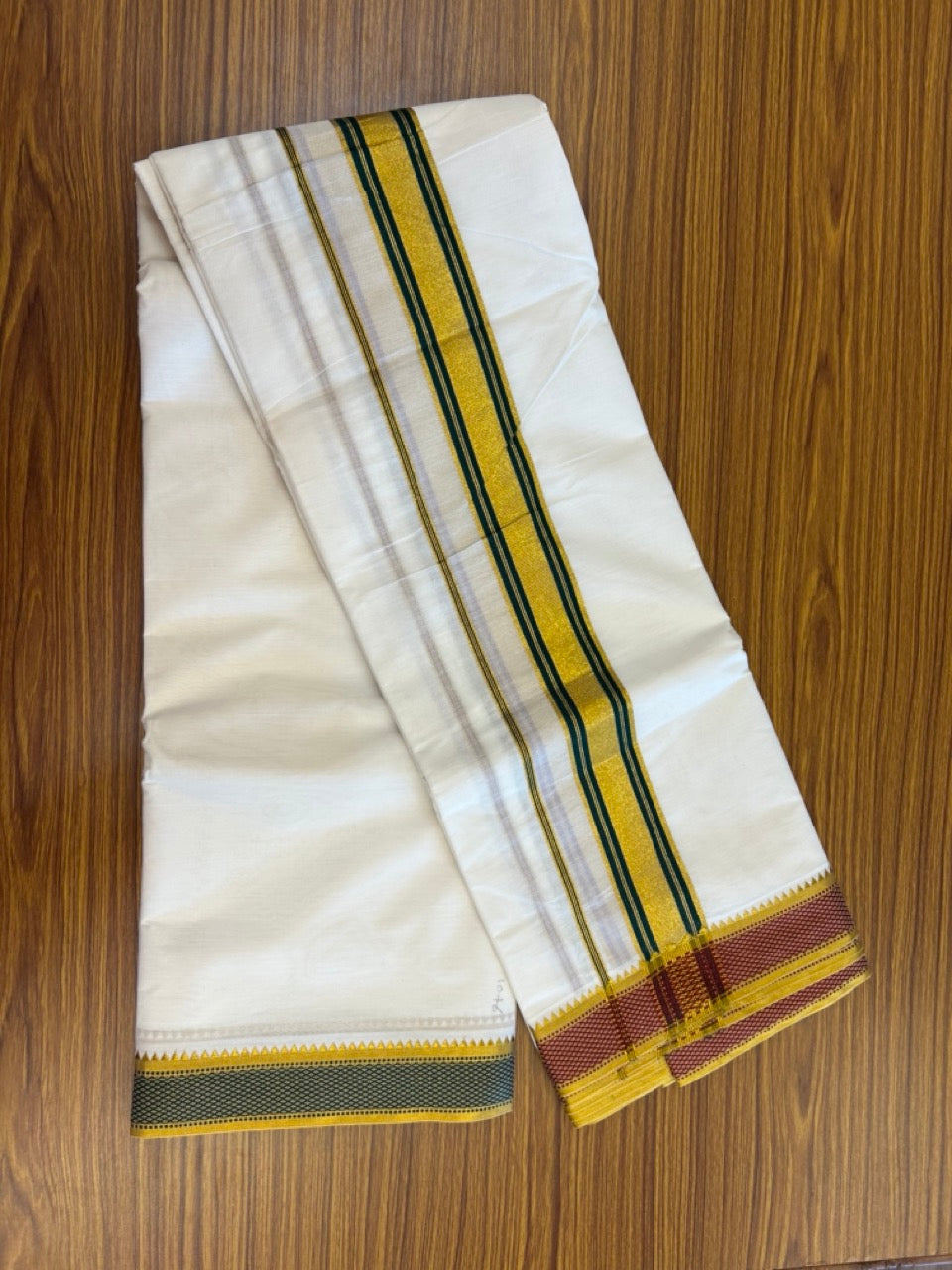 20% Discount! KaithariKada Cotton Mix Off White - (Unbleached) 80X90 thread - North Indian - Attached Gamcha - 10X6 Dhoti - 2 inch Green Gold Kasav kara with Dark Maroon & Green Gold Kasav Design border - 6 KK8304 PMC