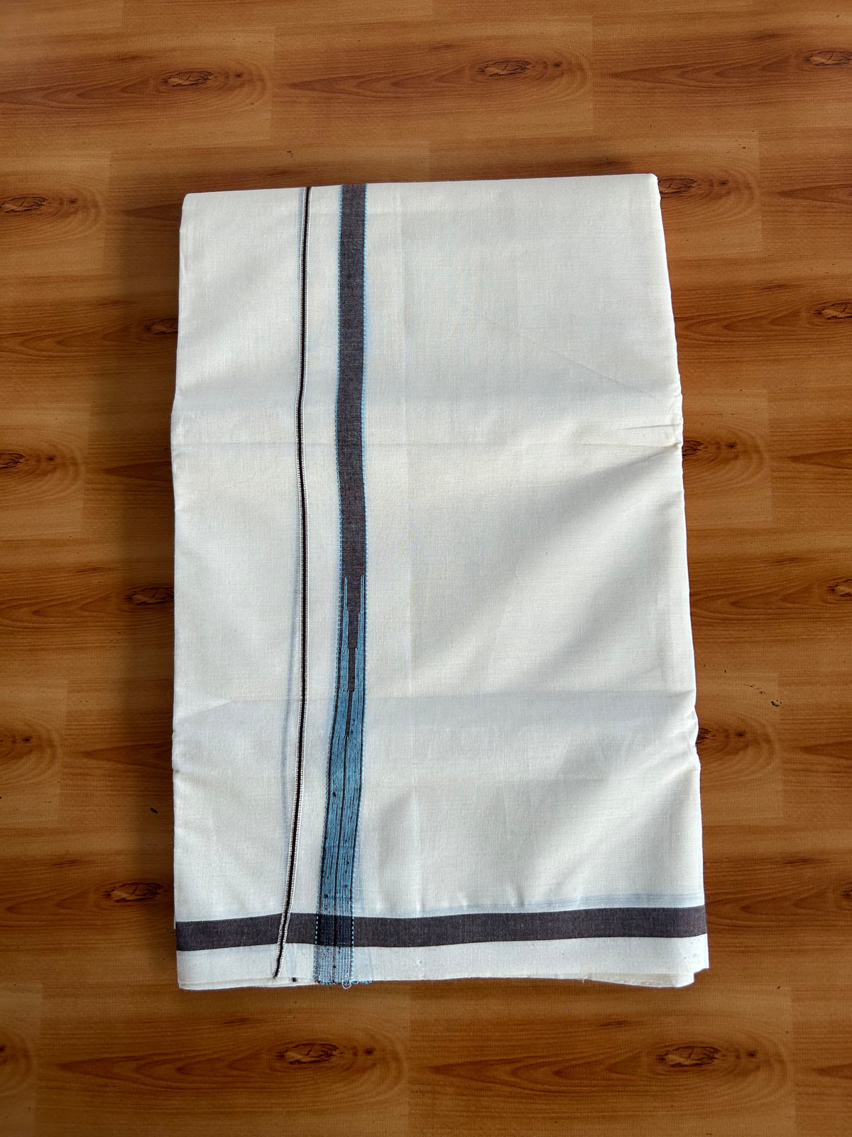 Double Off White (Unbleached) Mundu/Dhoti - 20% Discount!! KaithariKada Pulimood 100% Cotton 100X80 - 0.5 inch Puliyilakkara Silver Kasav Coffee Brown & Blue Striped Chutty Kara - 4 mtr (8.5 muzham) - 18 KK5548 VAS