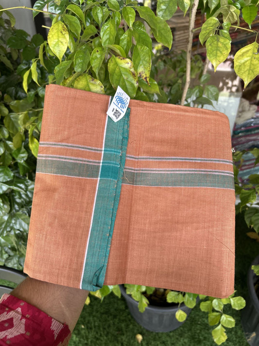 Kerala Handloom - Signature Kaitharikada - Government Sealed Hallmarked - 100% Pure Cotton 2/40x26s Thread - Single Mundu / Dhoti - 1 inch Green Striped Kara with Kavi colour Body - 7 KK8046 KAL