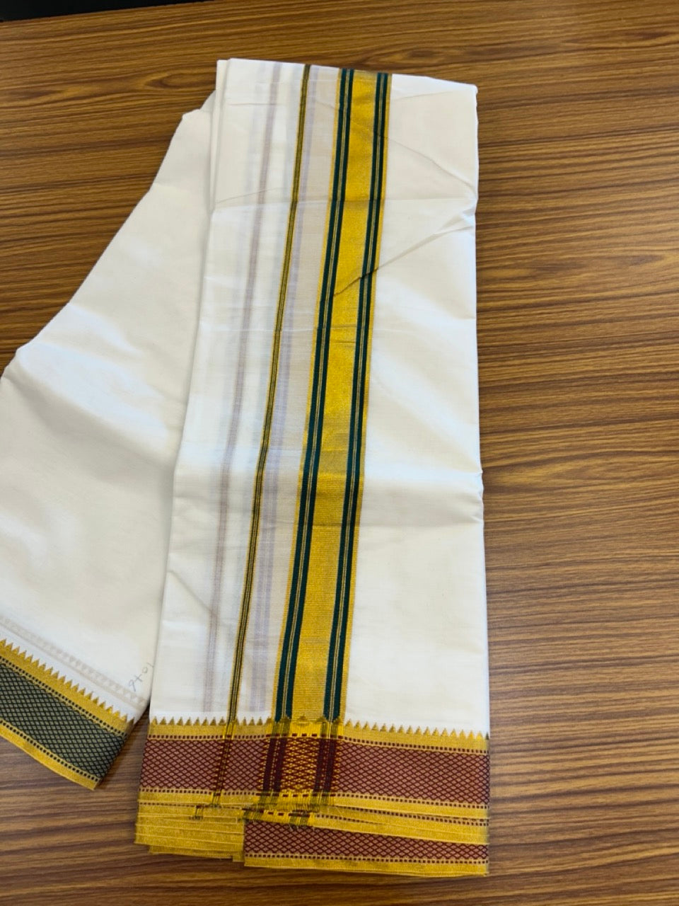 20% Discount! KaithariKada Cotton Mix Off White - (Unbleached) 80X90 thread - North Indian - Attached Gamcha - 10X6 Dhoti - 2 inch Green Gold Kasav kara with Dark Maroon & Green Gold Kasav Design border - 6 KK8304 PMC