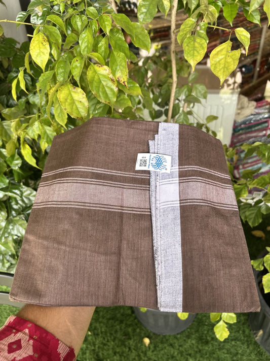 Kerala Handloom - Signature Kaitharikada - Government Sealed Hallmarked - 100% Pure Cotton 2/60x40s Thread - Single Mundu / Dhoti - 1.5 inch White Shaded Striped Kara with Dark Brown colour Body - 12 KK8046 KAL