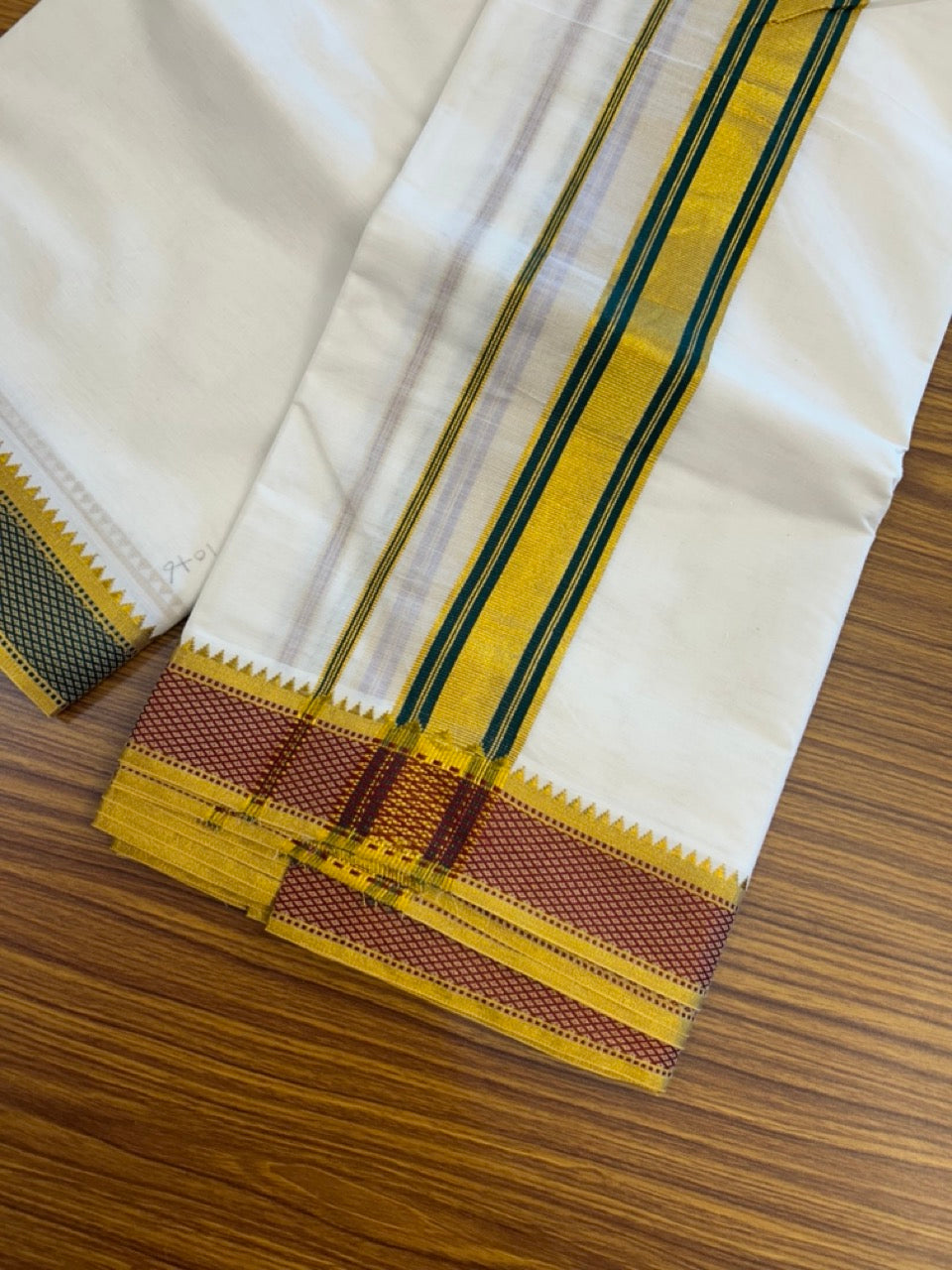 20% Discount! KaithariKada Cotton Mix Off White - (Unbleached) 80X90 thread - North Indian - Attached Gamcha - 10X6 Dhoti - 2 inch Green Gold Kasav kara with Dark Maroon & Green Gold Kasav Design border - 6 KK8304 PMC