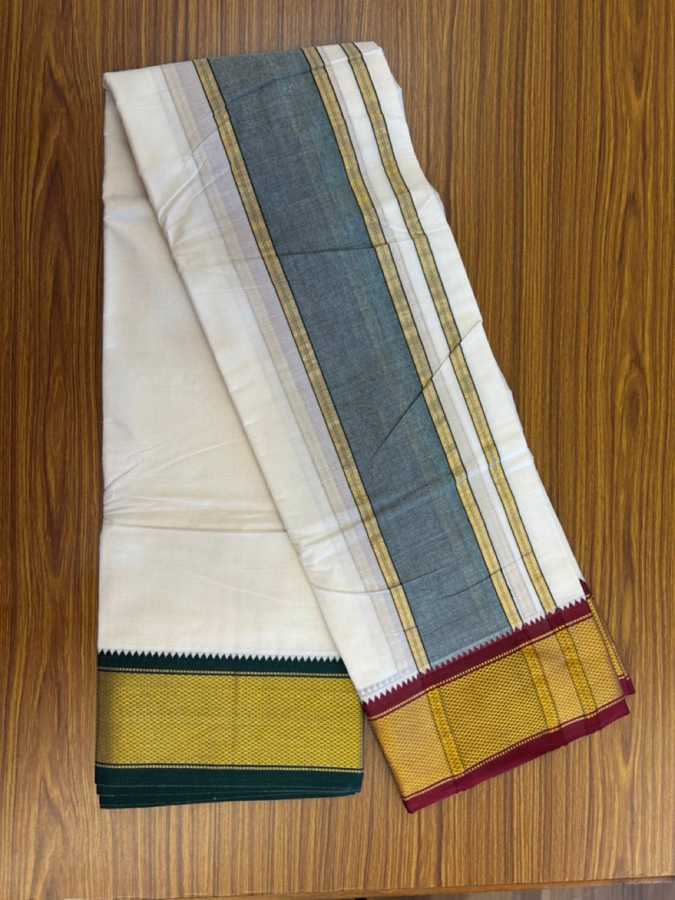 20% Discount! KaithariKada Cotton Mix Off White - (Unbleached) 80X90 thread - North Indian- Attached Gamcha- 10X6 Dhoti - 4 inch Green Gold Kasav kara with Dark Maroon & Green Gold Kasav Design border - 8 KK8304 PMC