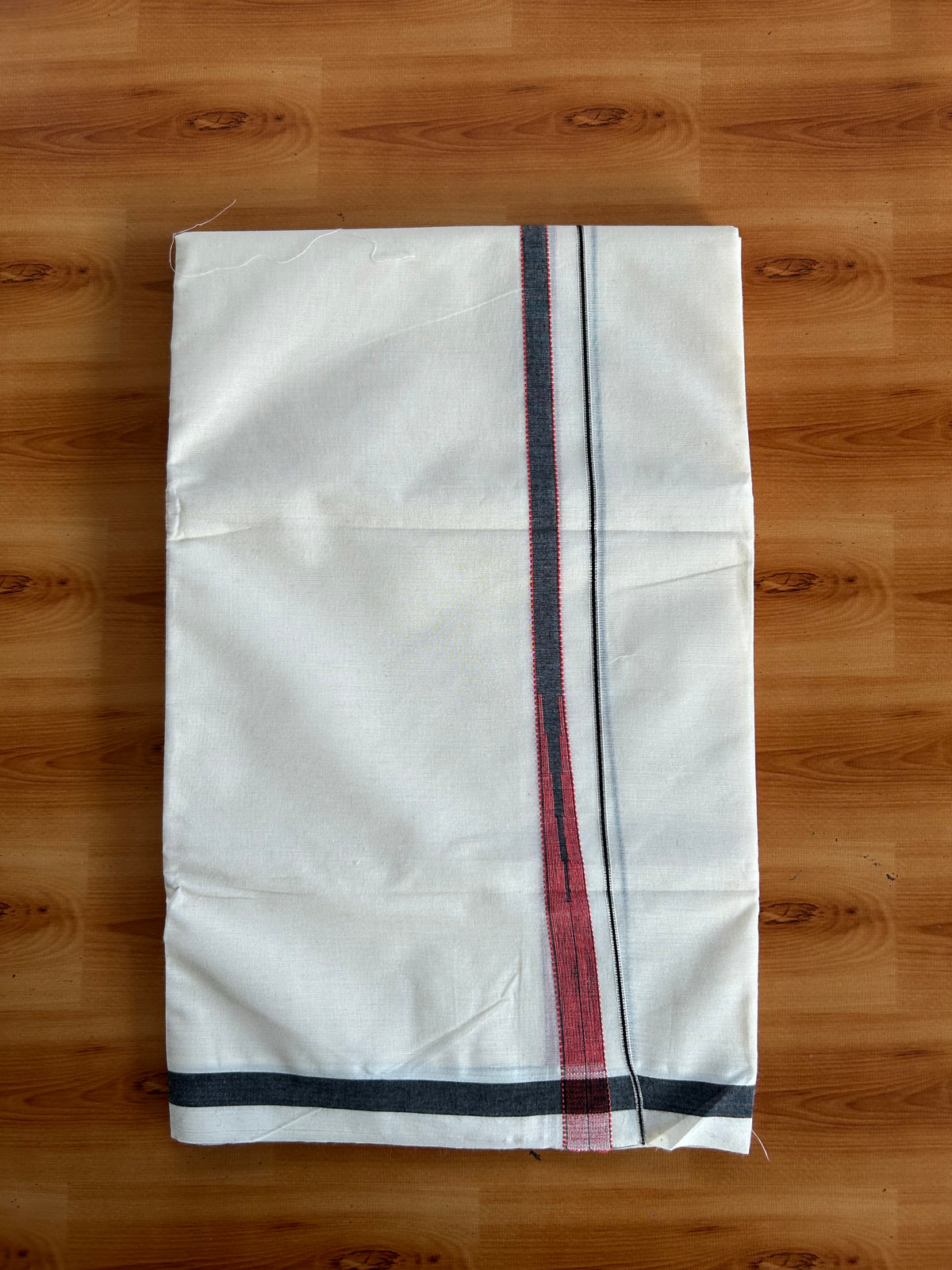 Double Off White (Unbleached) Mundu/Dhoti - 20% Discount!! KaithariKada Pulimood 100% Cotton 100X80 - 0.5 inch Puliyilakkara Silver Kasav Black & Red Striped Chutty Kara - 4 mtr (8.5 muzham) - 14 KK5548 VAS