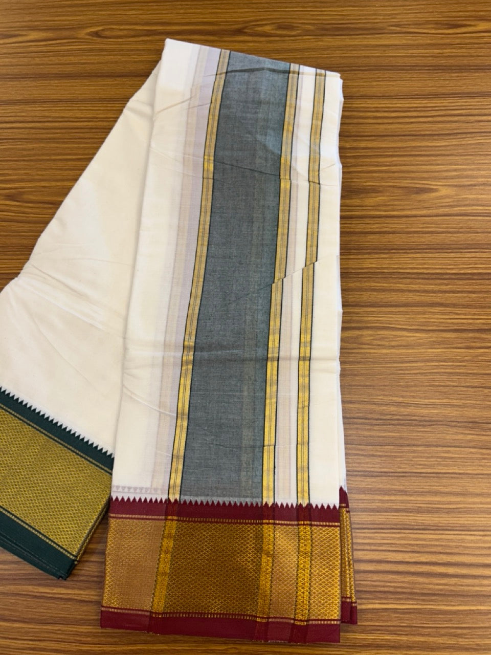 20% Discount! KaithariKada Cotton Mix Off White - (Unbleached) 80X90 thread - North Indian- Attached Gamcha- 10X6 Dhoti - 4 inch Green Gold Kasav kara with Dark Maroon & Green Gold Kasav Design border - 8 KK8304 PMC
