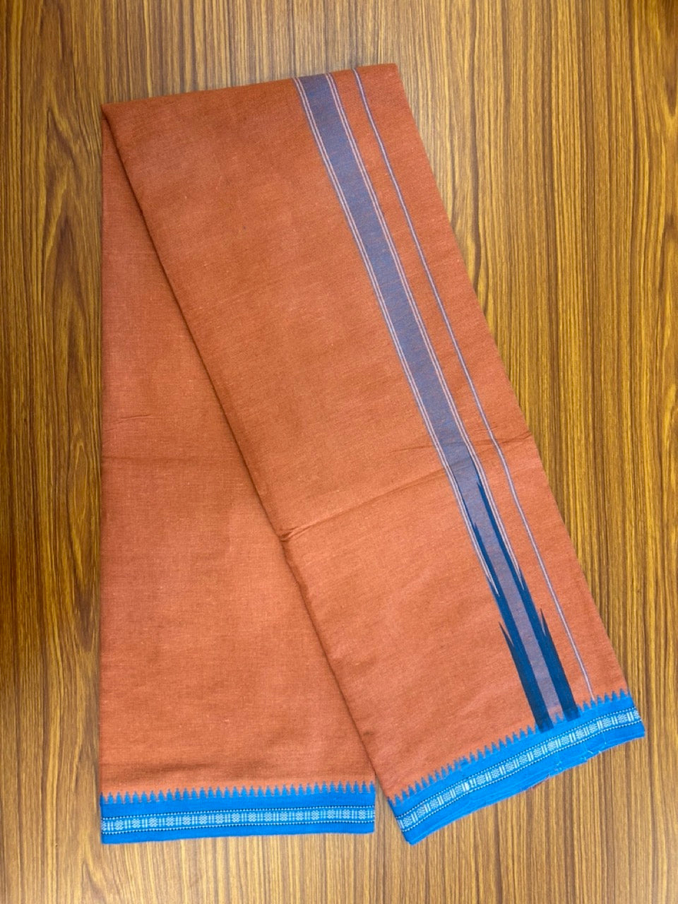 18% Discount!!! Kaitharikada Pure Cotton - Single Kaily / Lungi - 1.5 inch  Puliyilakkara Peacock Blue & Blue Striped Printed Chutty Kuppadam kara with Kavi colour body  (2 meter / 4 muzham)- 11KK8023 AS