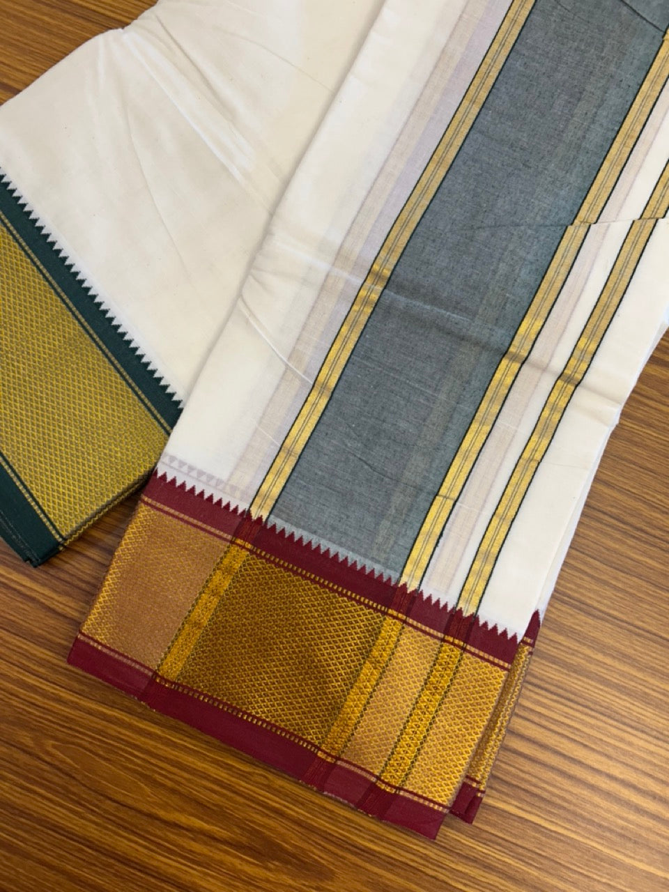 20% Discount! KaithariKada Cotton Mix Off White - (Unbleached) 80X90 thread - North Indian- Attached Gamcha- 10X6 Dhoti - 4 inch Green Gold Kasav kara with Dark Maroon & Green Gold Kasav Design border - 8 KK8304 PMC