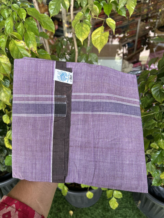 Kerala Handloom - Signature Kaitharikada - Government Sealed Hallmarked - 100% Pure Cotton 2/60x40s Thread - Single Mundu / Dhoti - 1.25 inch Dark Purple Shaded Striped Kara with Deep Violet colour Body - 17 KK8046 KAL