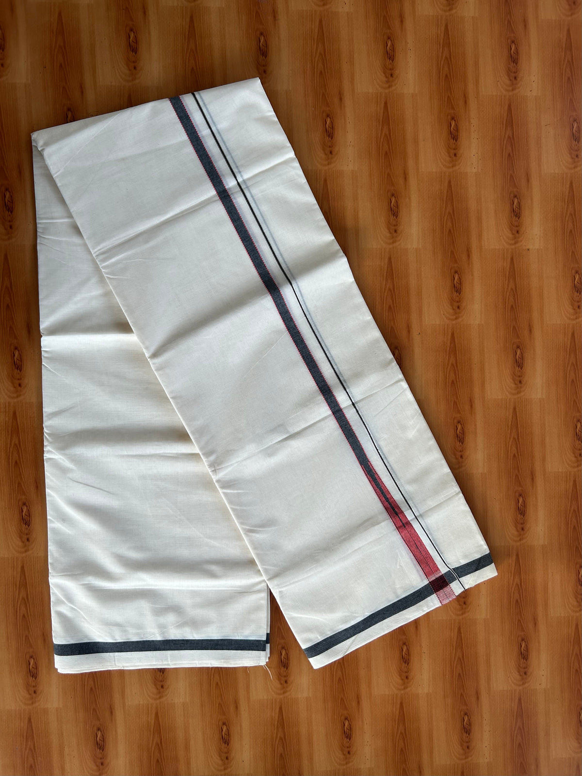 Double Off White (Unbleached) Mundu/Dhoti - 20% Discount!! KaithariKada Pulimood 100% Cotton 100X80 - 0.5 inch Puliyilakkara Silver Kasav Black & Red Striped Chutty Kara - 4 mtr (8.5 muzham) - 14 KK5548 VAS