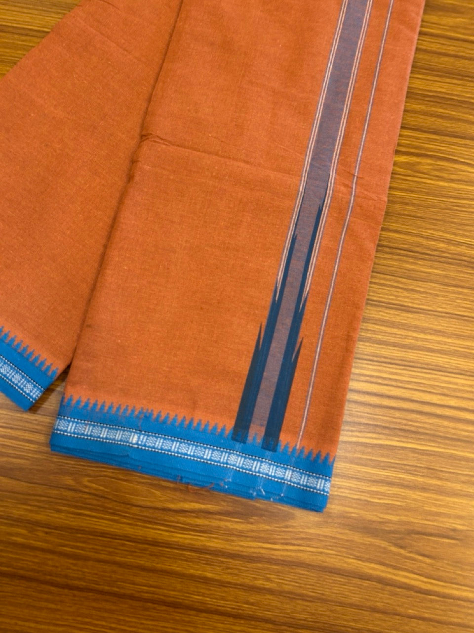 18% Discount!!! Kaitharikada Pure Cotton - Single Kaily / Lungi - 1.5 inch  Puliyilakkara Peacock Blue & Blue Striped Printed Chutty Kuppadam kara with Kavi colour body  (2 meter / 4 muzham)- 11KK8023 AS