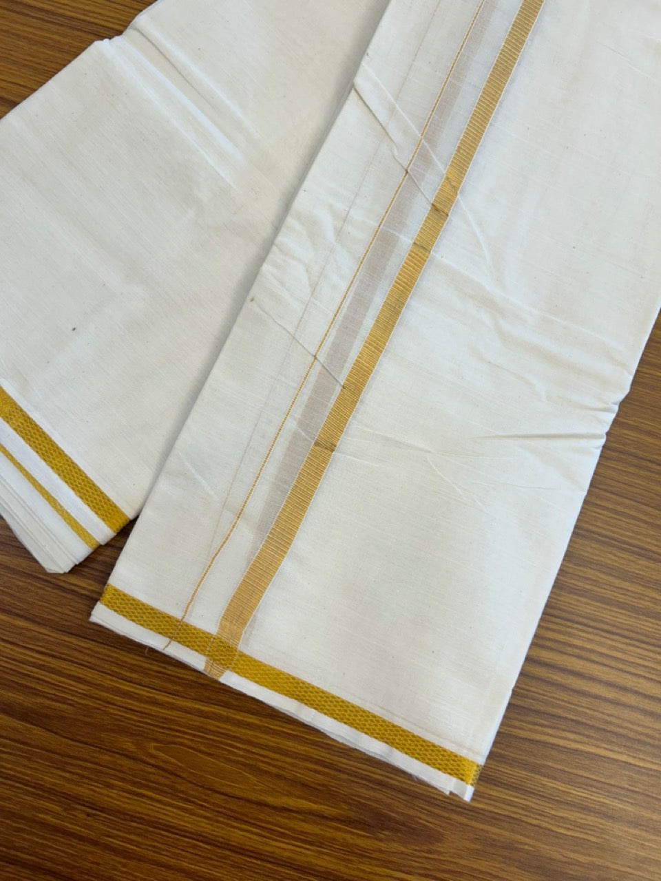 20% Discount! Kaitharikada Balaramapuram Cotton Mix Off White - (Unbleached) 80X90 thread - North Iindian- Attached Gamcha - 10X6 Dhoti - 0.5 inchGold Kasav border - 20 KK8304 PMC