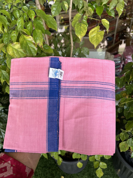 Kerala Handloom - Signature Kaitharikada - Government Sealed Hallmarked - 100% Pure Cotton 2/60x40s Thread - Single Mundu / Dhoti - 1.25 inch Blue Shaded Striped Kara with Rose Pink colour Body - 13 KK8046 KAL