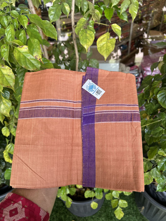 Kerala Handloom - Signature Kaitharikada - Government Sealed Hallmarked - 100% Pure Cotton 2/40x26s Thread - Single Mundu / Dhoti - 1 inch Violet Shaded Striped Kara with Kavi colour Body - 23 KK8046 KAL