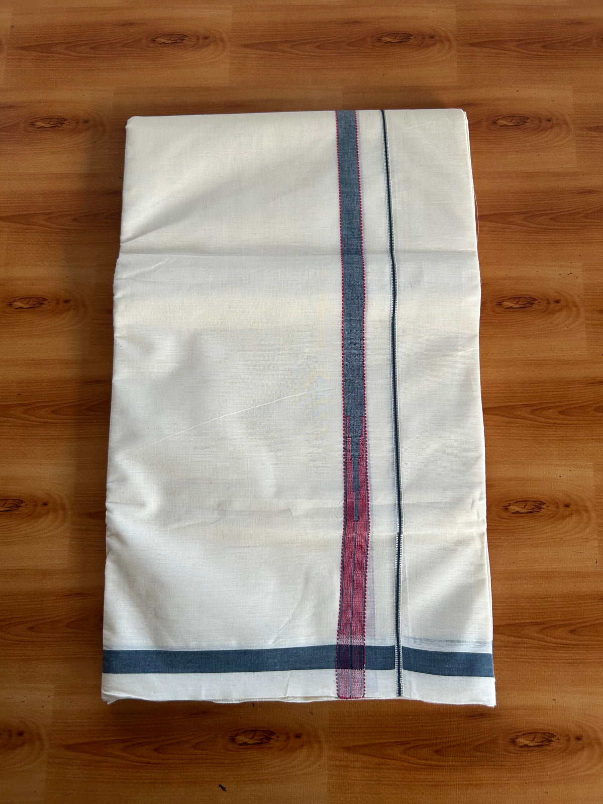 Double Off White (Unbleached) Mundu/Dhoti - 20% Discount!! KaithariKada Pulimood 100% Cotton 100X80 - 1.5 cm Puliyilakkara Silver Kasav Peacock Blue & Red Striped Chutty Kara - 4 mtr  (8.5 muzham) - 7 KK5548 VAS