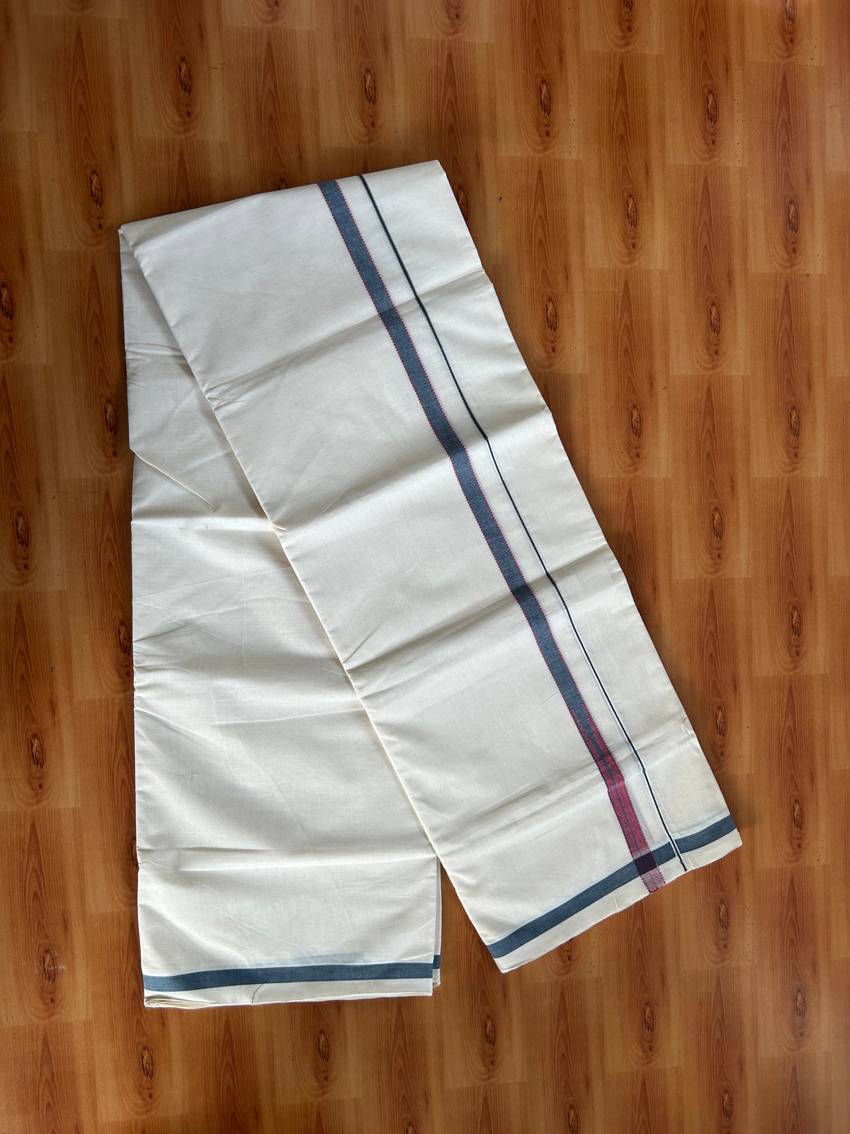 Double Off White (Unbleached) Mundu/Dhoti - 20% Discount!! KaithariKada Pulimood 100% Cotton 100X80 - 1.5 cm Puliyilakkara Silver Kasav Peacock Blue & Red Striped Chutty Kara - 4 mtr  (8.5 muzham) - 7 KK5548 VAS