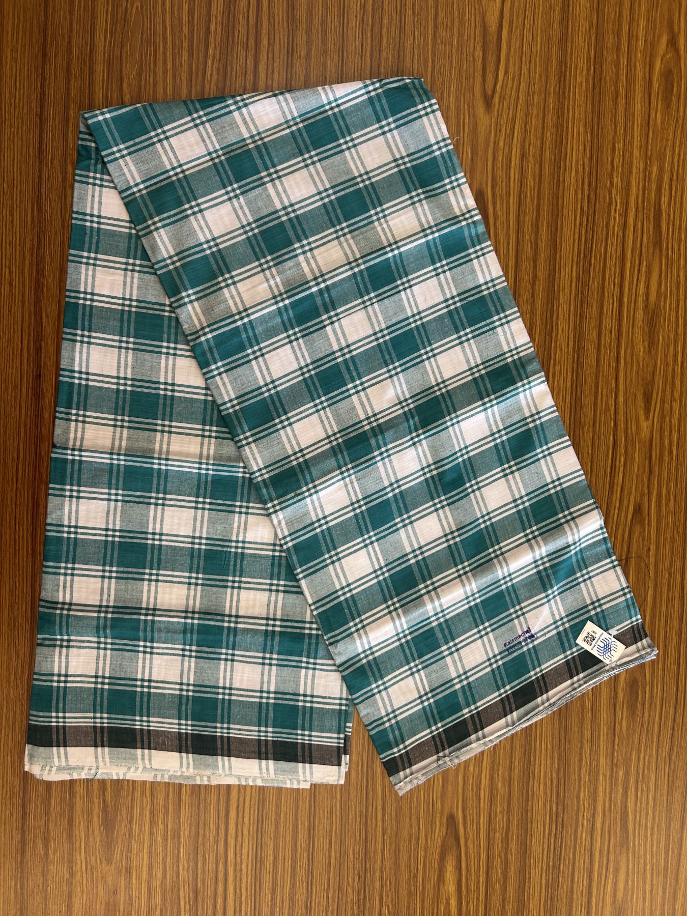 Kerala Handloom - Signature Kaitharikada - Government Sealed Hallmarked - 100% Pure Cotton - 2/60X40s Twisted Thread - Handloom Single Mundu/Dhoti - Green Check Body  - Above 2 mtr - 50 KK8046 KAL