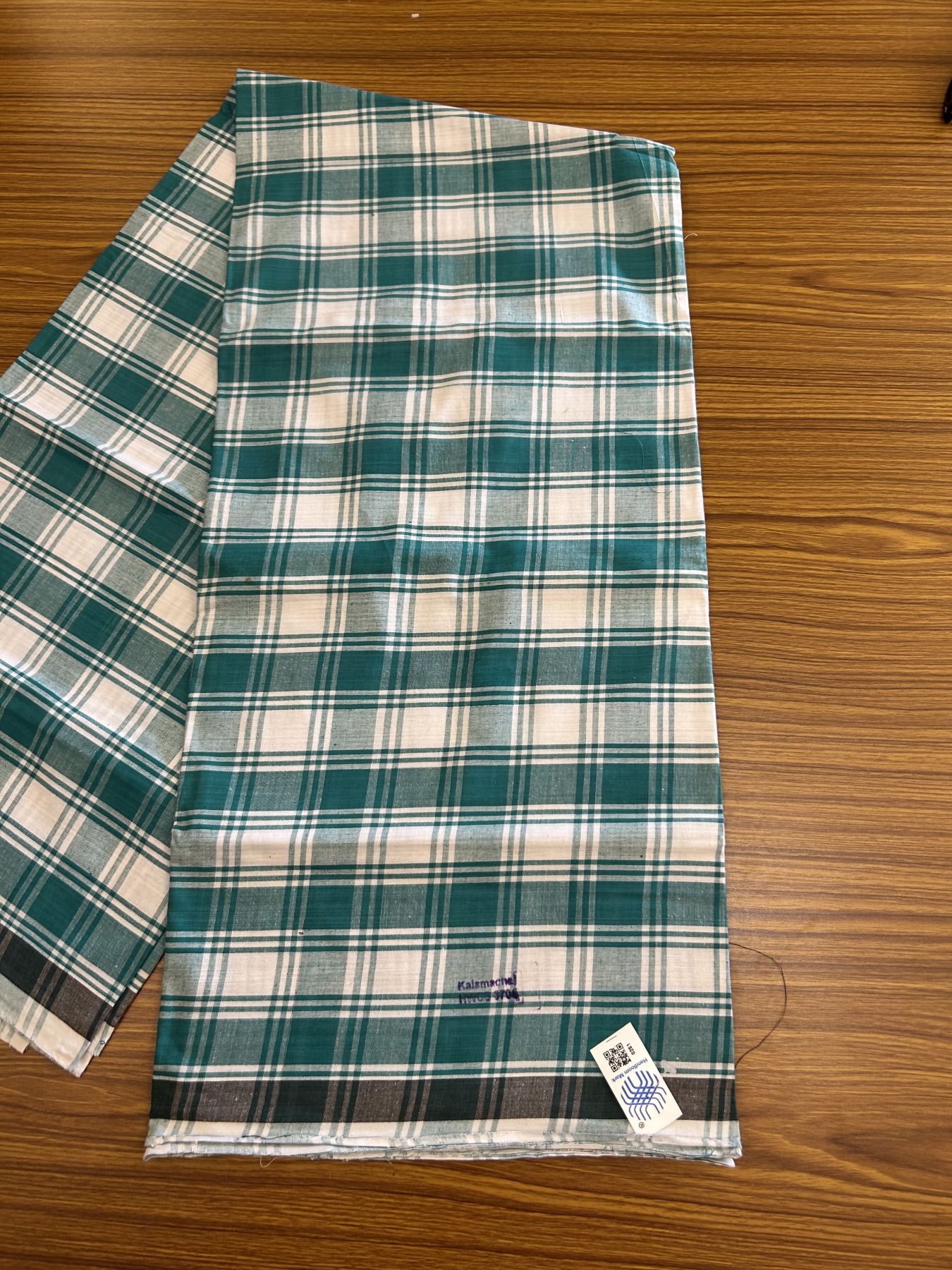Kerala Handloom - Signature Kaitharikada - Government Sealed Hallmarked - 100% Pure Cotton - 2/60X40s Twisted Thread - Handloom Single Mundu/Dhoti - Green Check Body  - Above 2 mtr - 50 KK8046 KAL