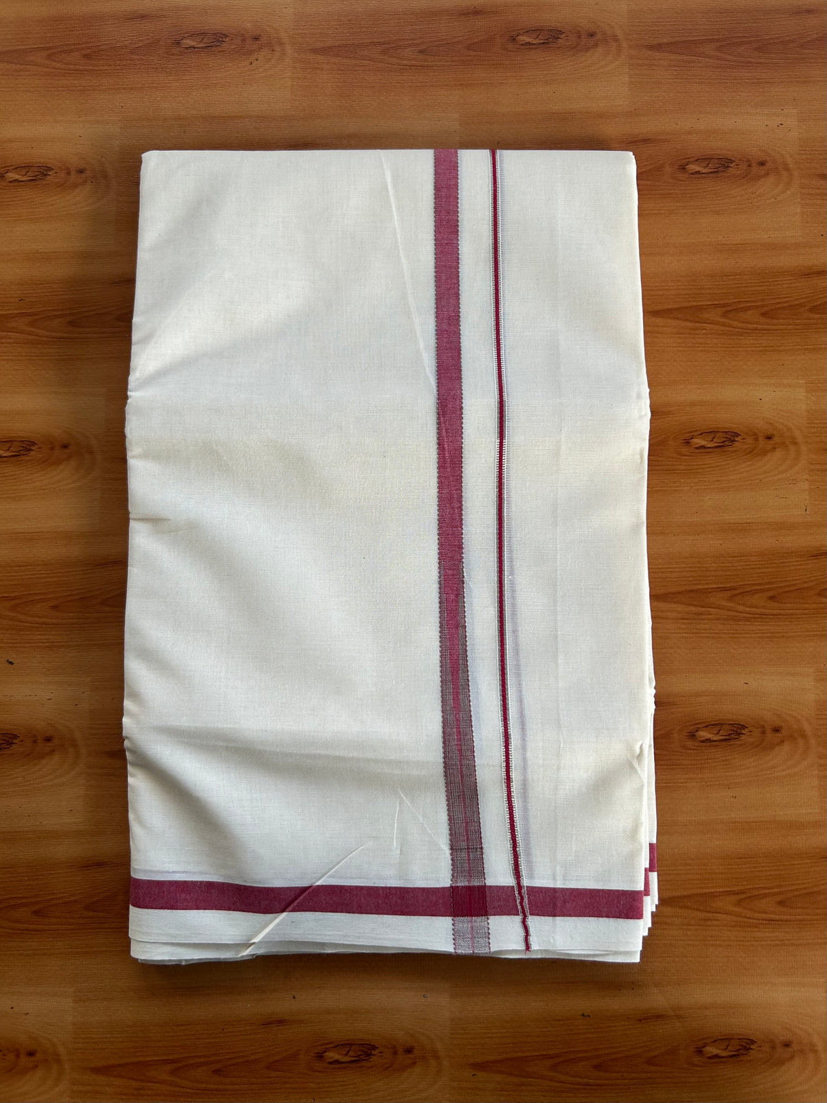Double Off White (Unbleached) Mundu/Dhoti - 20% Discount!! KaithariKada Pulimood 100% Cotton 100X80 - 0.5 inch Puliyilakkara Silver Kasav Maroon & Olive Green Striped Chutty Kara - 4 mtr  (8.5 muzham) - 9 KK5548 VAS
