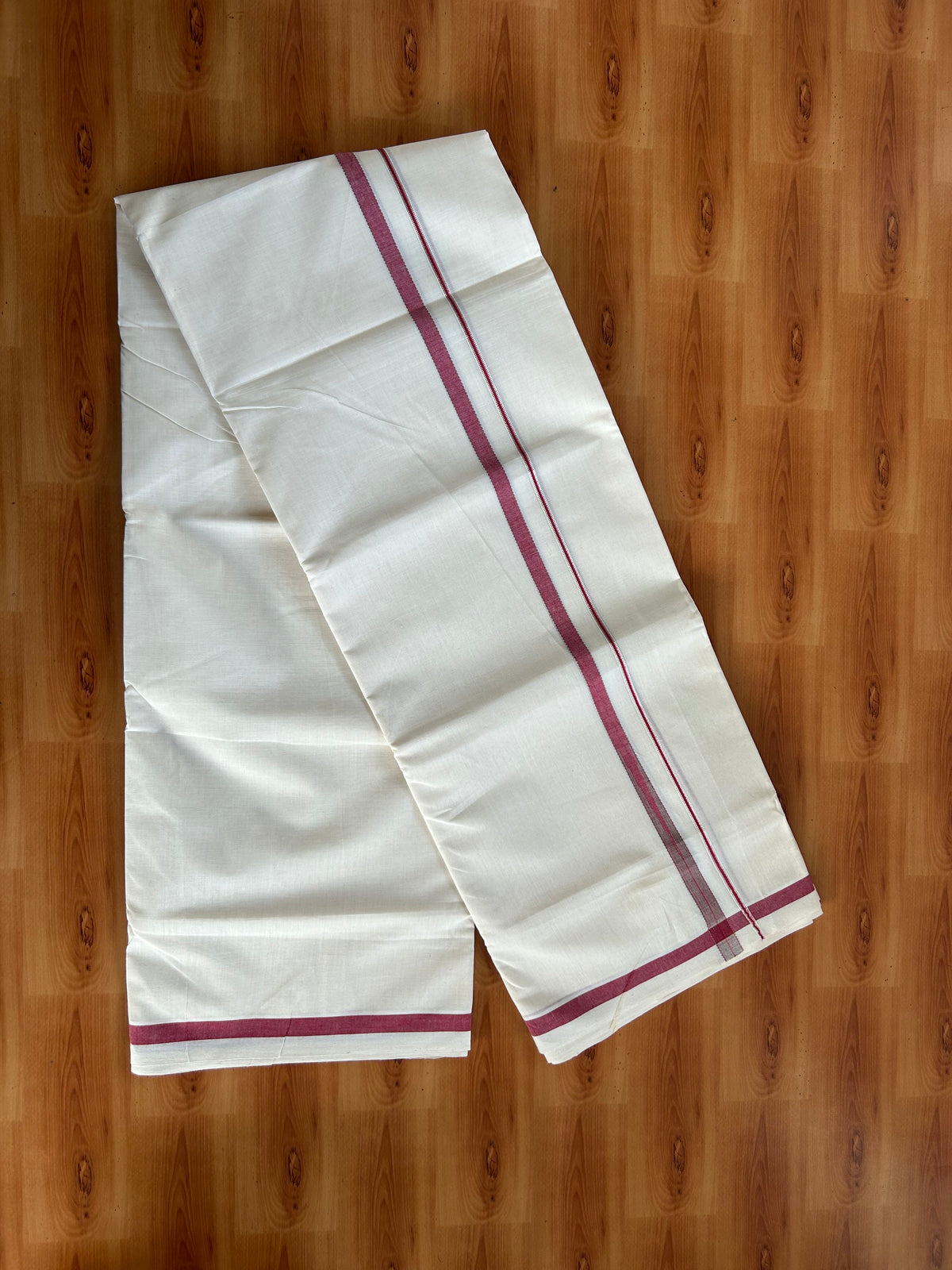 Double Off White (Unbleached) Mundu/Dhoti - 20% Discount!! KaithariKada Pulimood 100% Cotton 100X80 - 0.5 inch Puliyilakkara Silver Kasav Maroon & Olive Green Striped Chutty Kara - 4 mtr  (8.5 muzham) - 9 KK5548 VAS