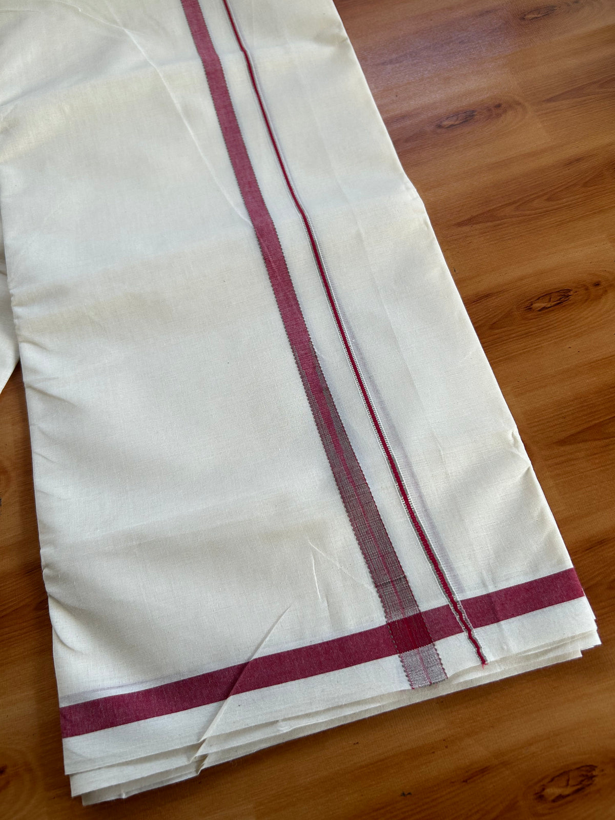 Double Off White (Unbleached) Mundu/Dhoti - 20% Discount!! KaithariKada Pulimood 100% Cotton 100X80 - 0.5 inch Puliyilakkara Silver Kasav Maroon & Olive Green Striped Chutty Kara - 4 mtr  (8.5 muzham) - 9 KK5548 VAS