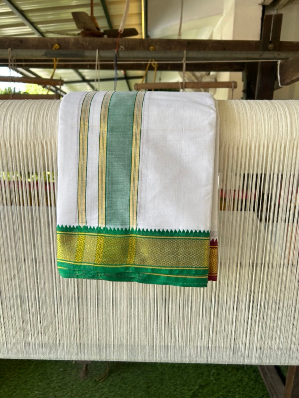 20% Discount! KaithariKada Cotton Mix Off White - (Unbleached) 80X90 thread - North Indian- Attached Gamcha - 10X6 Dhoti - 2.25 inch Light Green Gold Kasav kara with Maroon & Light Green Gold Kasav Design border - 12 KK8304 PMC